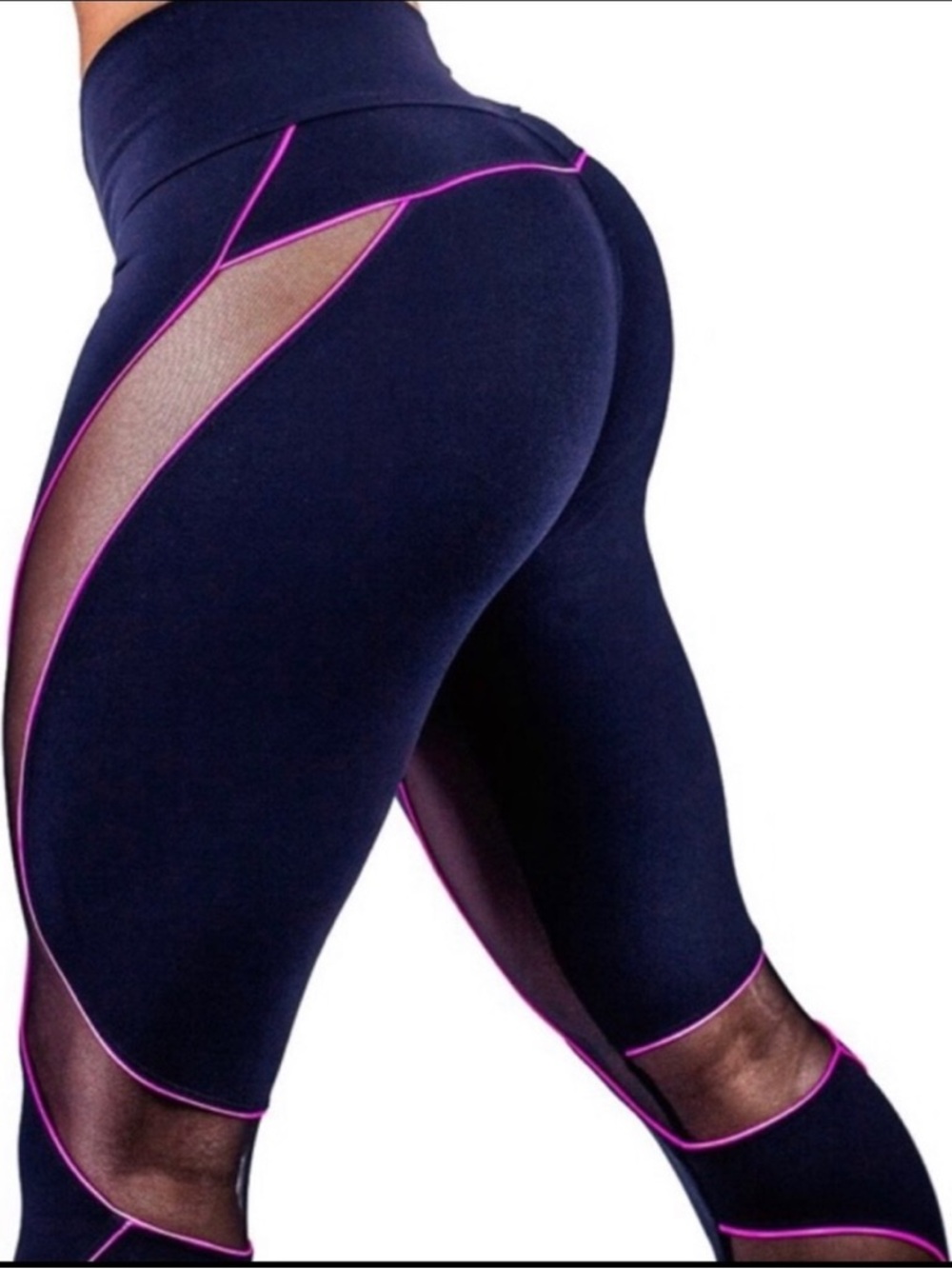 High-Waist Navy Mesh Panel Leggings with Pink Trim